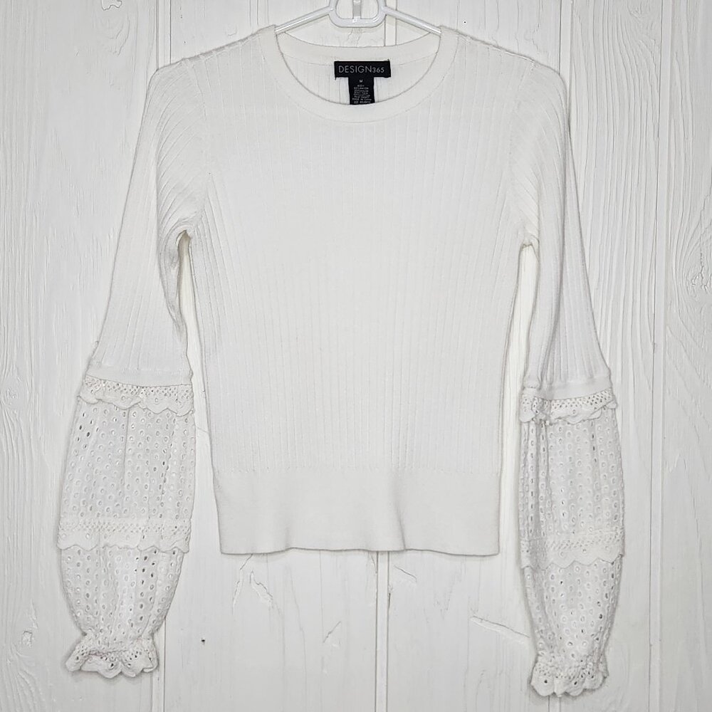 Design 365 Women's M White Ribbed Knit Eyelet Sleeve Sweater Top Saks Off 5th